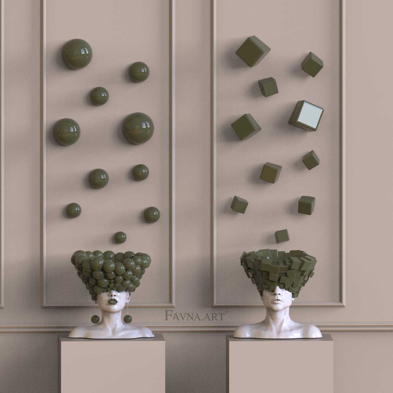 Male and female bust sculptures “Thoughts” by FAVNA.ART, featuring olive green spheres and cubes in a contemporary art composition.