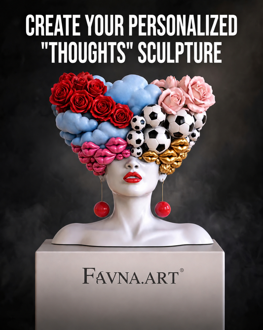 A custom sculpture bust on a pedestal with the text 'CREATE YOUR PERSONALIZED "THOUGHTS" SCULPTURE' at the top. The sculpture features a white female bust with red lips and red spherical earrings, wearing a hair-like crown made of red roses, pink roses, blue clouds, soccer balls, pink lips, and gold ribbons.