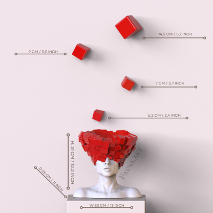 Conceptual sculpture composition “Thoughts” — Man with red wall art cubes