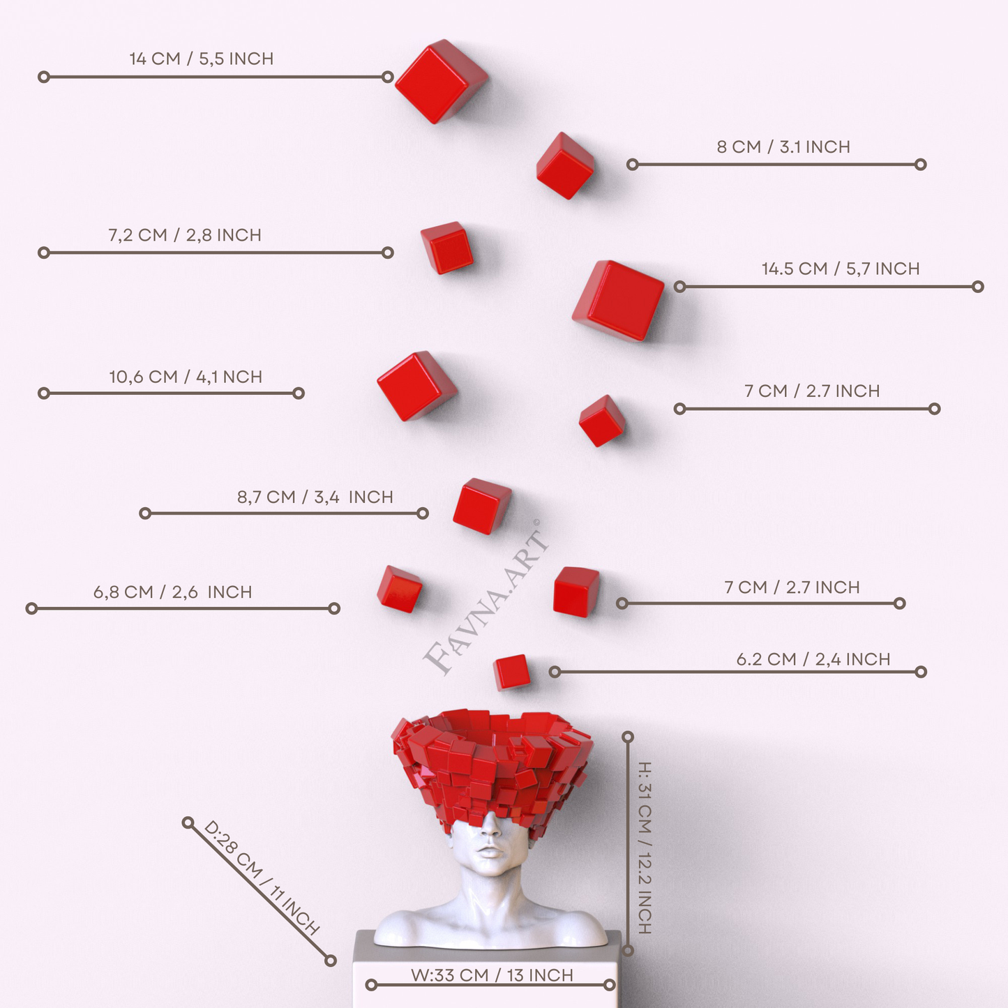 Conceptual sculpture composition “Thoughts” — Man with red wall art cubes
