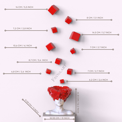 Conceptual sculpture composition “Thoughts” — Man with red wall art cubes