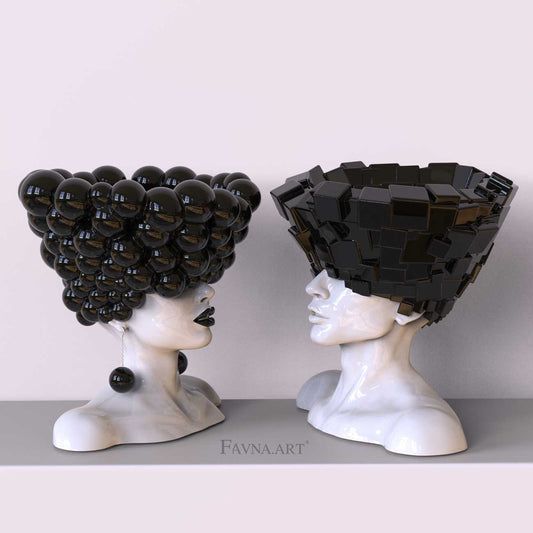 Two artistic head conceptual sculptures with black and white abstract elements bubble and cubes in interior by FAVNA ART
