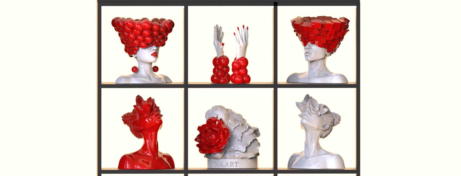 Scultura contemporanea per ambienti con significato in rosso e bianco di favna art .