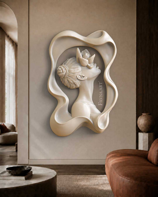Wall relief sculpture: female face with flowers “Daughter of the Faun”