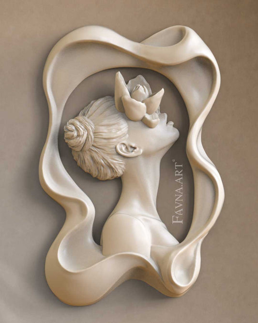 Wall relief sculpture: female face with flowers “Daughter of the Faun”
