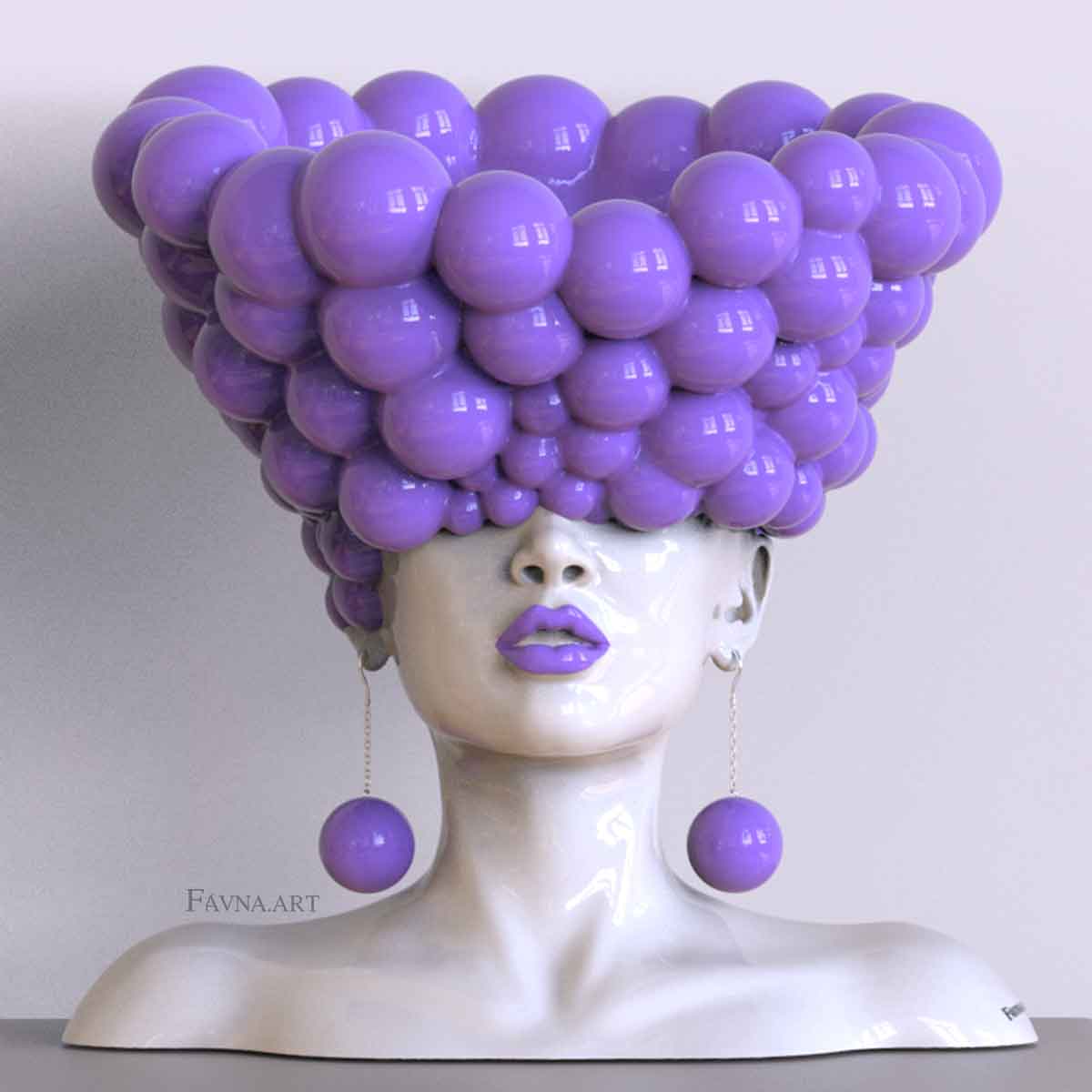 Scultura contemporanea per interni moderni, statua femminile a busto con sfere viola