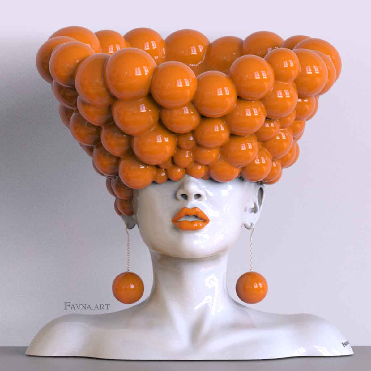 Scultura contemporanea per interni moderni, statua femminile a busto con sfere arancione