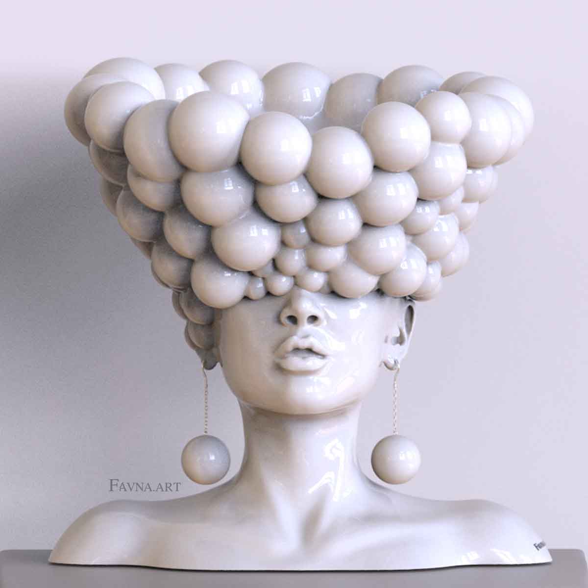 Scultura contemporanea per interni moderni, statua femminile a busto con sfere bianchi