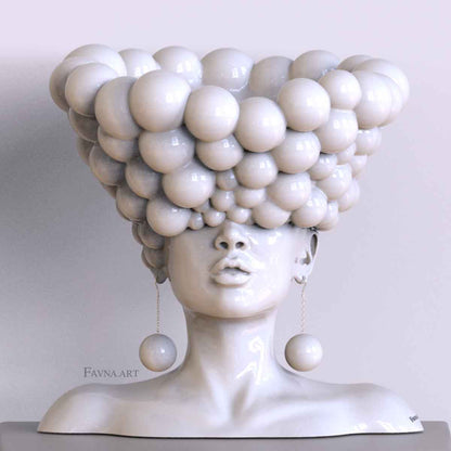 Scultura contemporanea per interni moderni, statua femminile a busto con sfere bianchi