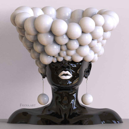 Scultura contemporanea per interni moderni, statua femminile nera con sfere bianchi