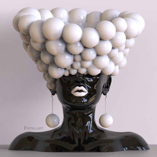 Scultura contemporanea per interni moderni, statua femminile nera con sfere bianchi