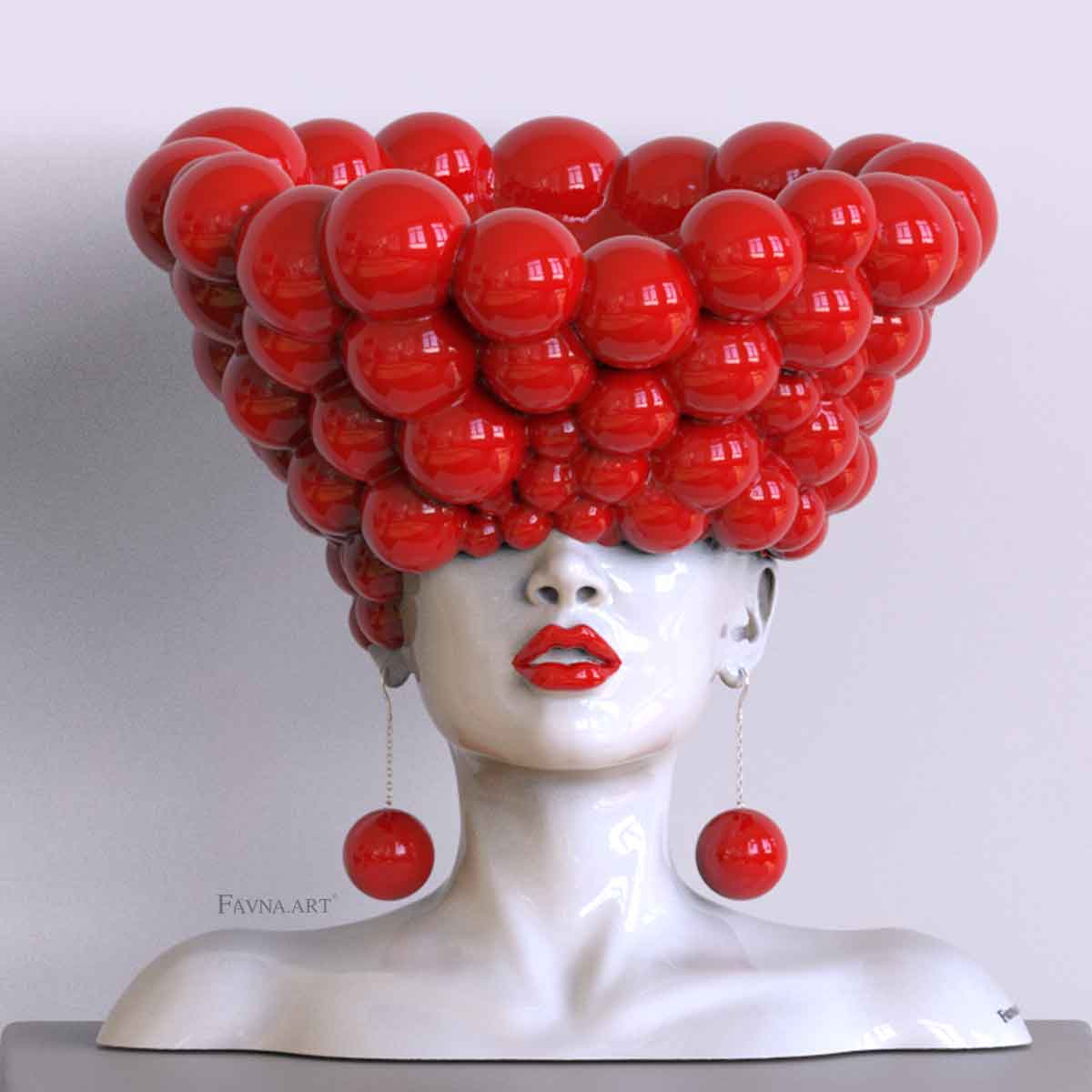 Scultura contemporanea per interni moderni, statua femminile a busto con sfere rosse