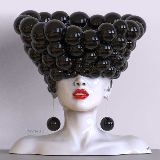 Scultura contemporanea per interni moderni, statua femminile a busto con sfere nere e labbra rosse