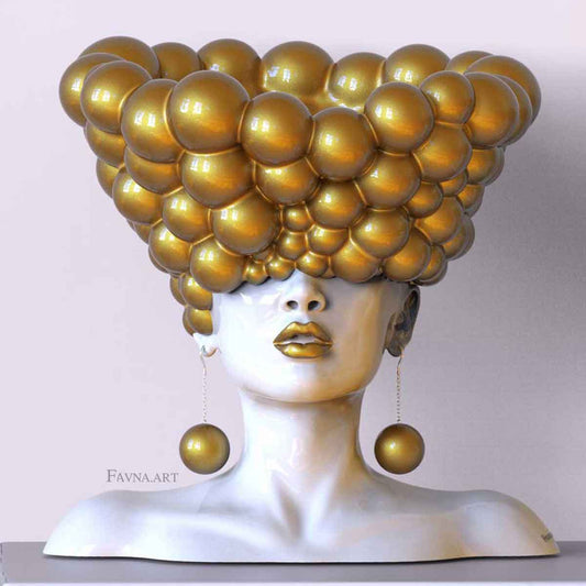 Scultura contemporanea per interni moderni, statua femminile a busto con sfere oro