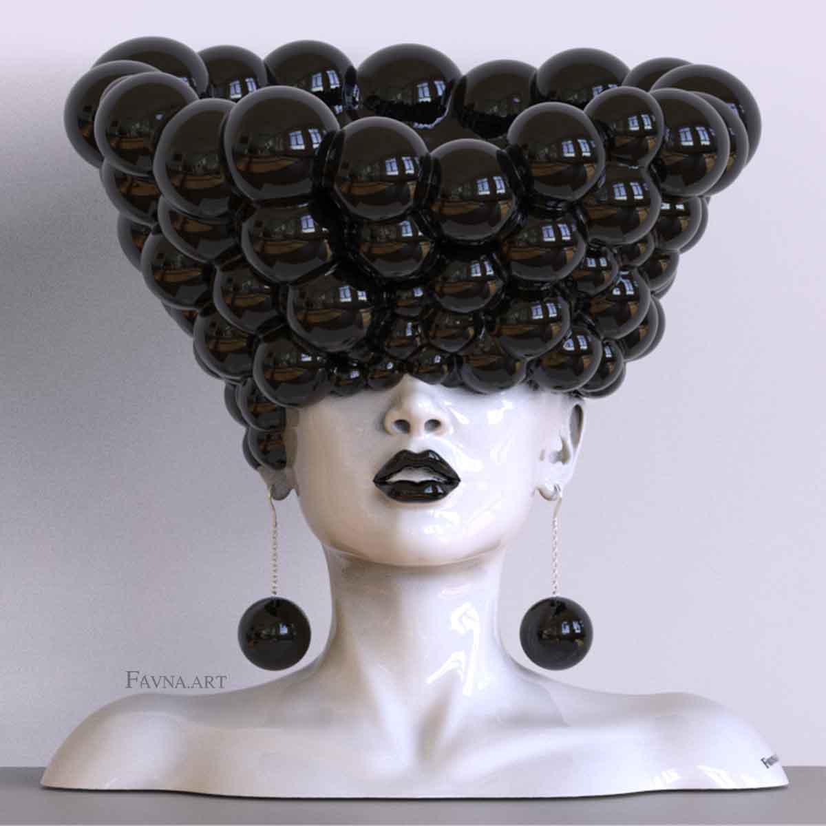 Scultura contemporanea per interni moderni, statua femminile a busto con sfere nere 