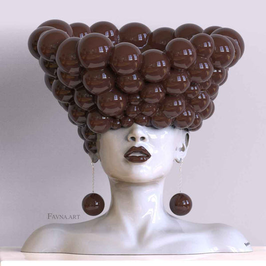 Scultura contemporanea per interni moderni, statua femminile a busto con sfere marrone