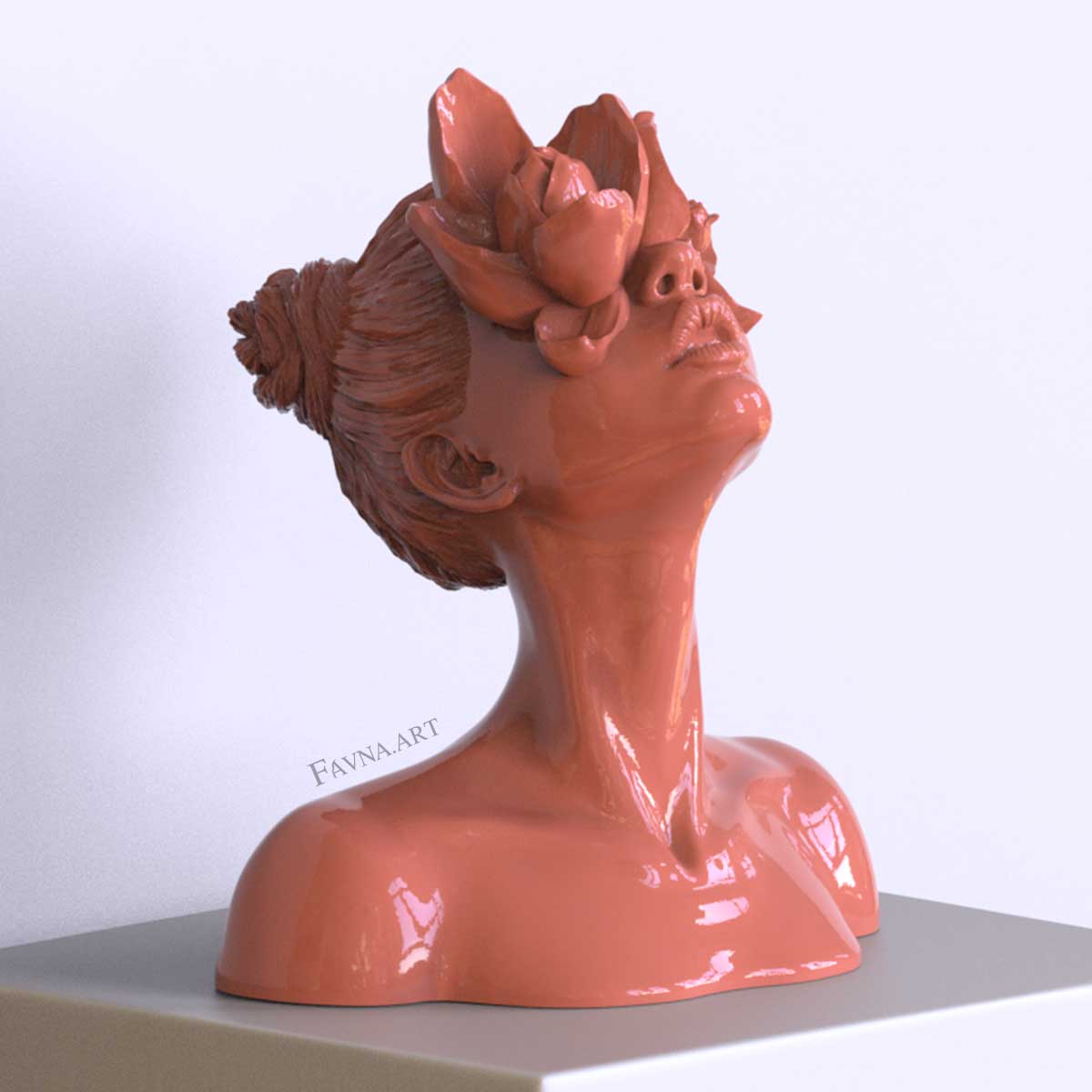 Scultura moderna di design per interni contemporanei, statua femminile a busto con fiori negli occhi. Scultura artistica moderna di colore corallo.