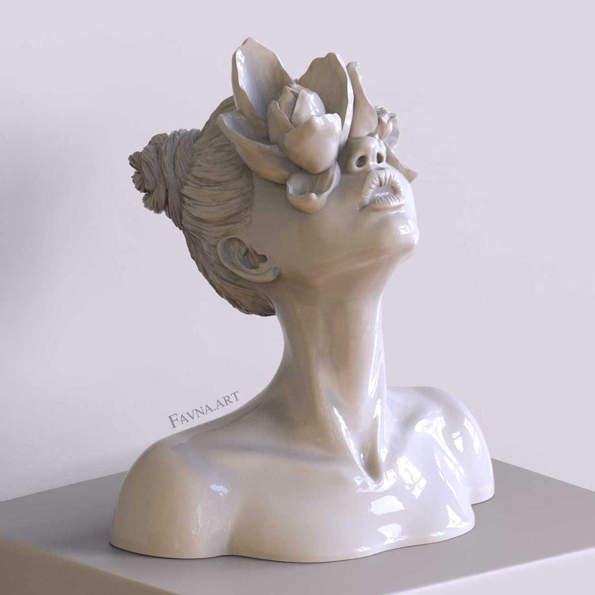 Scultura moderna di design per interni contemporanei, statua femminile a busto con fiori negli occhi. Scultura artistica moderna di colore bianco.