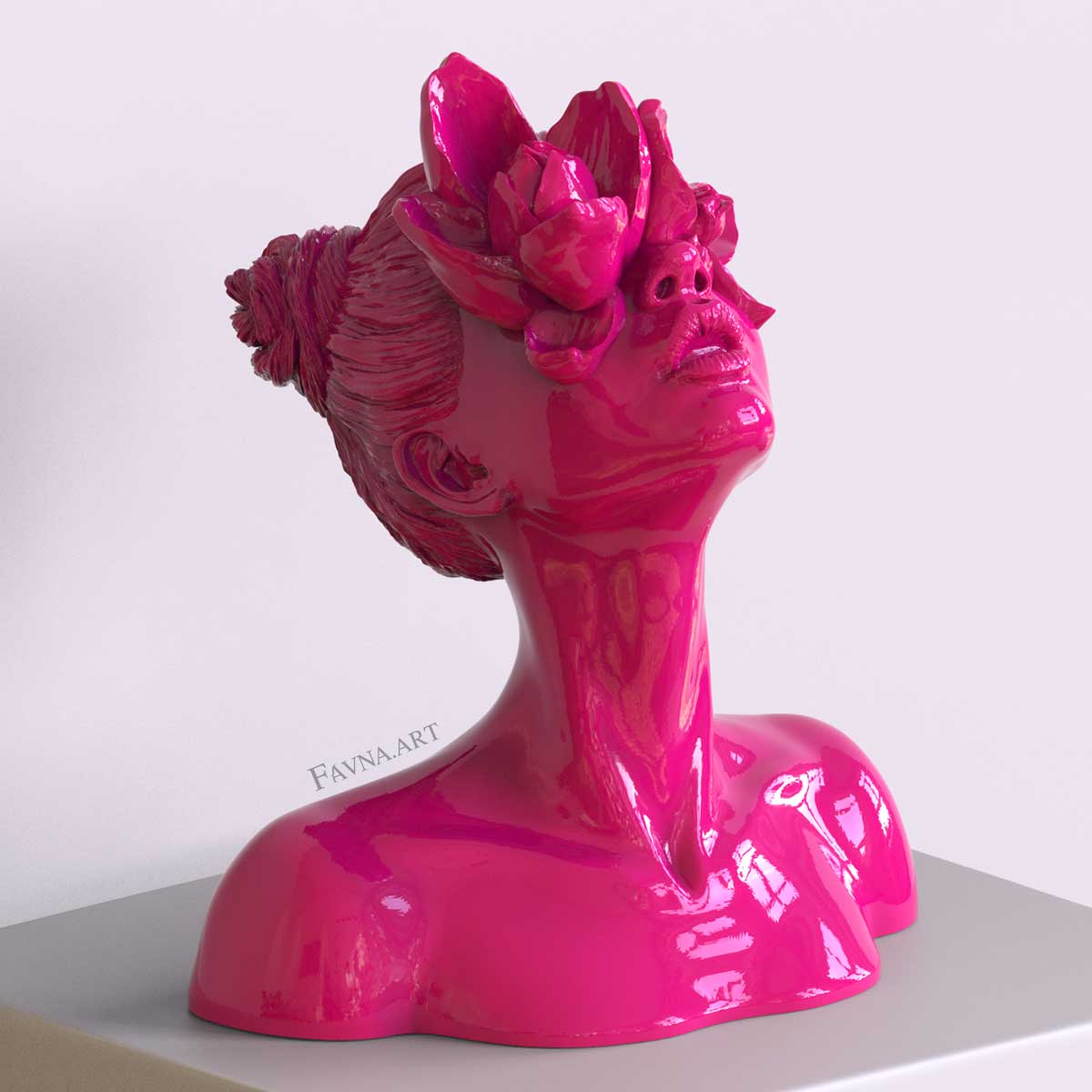 Scultura moderna di design per interni contemporanei, statua femminile a busto con fiori negli occhi. Scultura artistica moderna di colore rosse barbie.