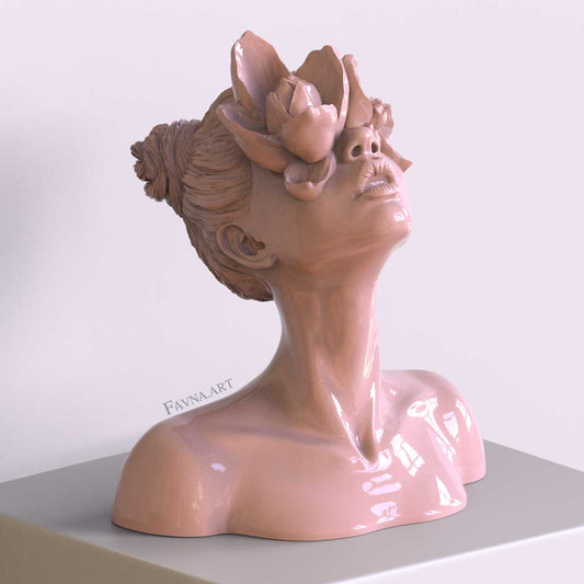 Scultura moderna di design per interni contemporanei, statua femminile a busto con fiori negli occhi. Scultura artistica moderna di colore rosa chiaro.