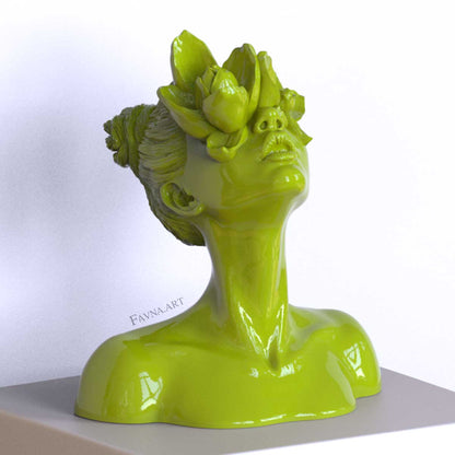 Scultura moderna di design per interni contemporanei, statua femminile a busto con fiori negli occhi. Scultura artistica moderna di colore lime.