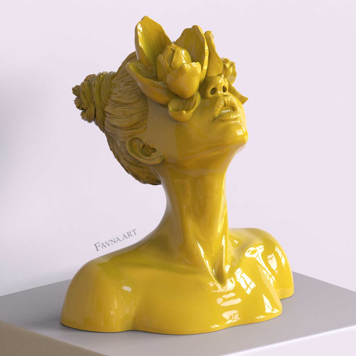 Scultura moderna di design per interni contemporanei, statua femminile a busto con fiori negli occhi. Scultura artistica moderna di colore giallo.