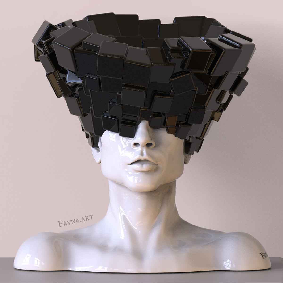 Scultura contemporanea figurativa di design per interni moderni, statua maschile con cubi e forme astratte. Scultura artistica moderna in bianco e nero.