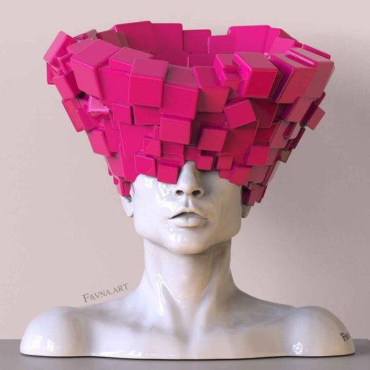 Scultura contemporanea figurativa di design per interni moderni, statua maschile con cubi e forme astratte. Scultura artistica moderna in bianco e rosse barbie.