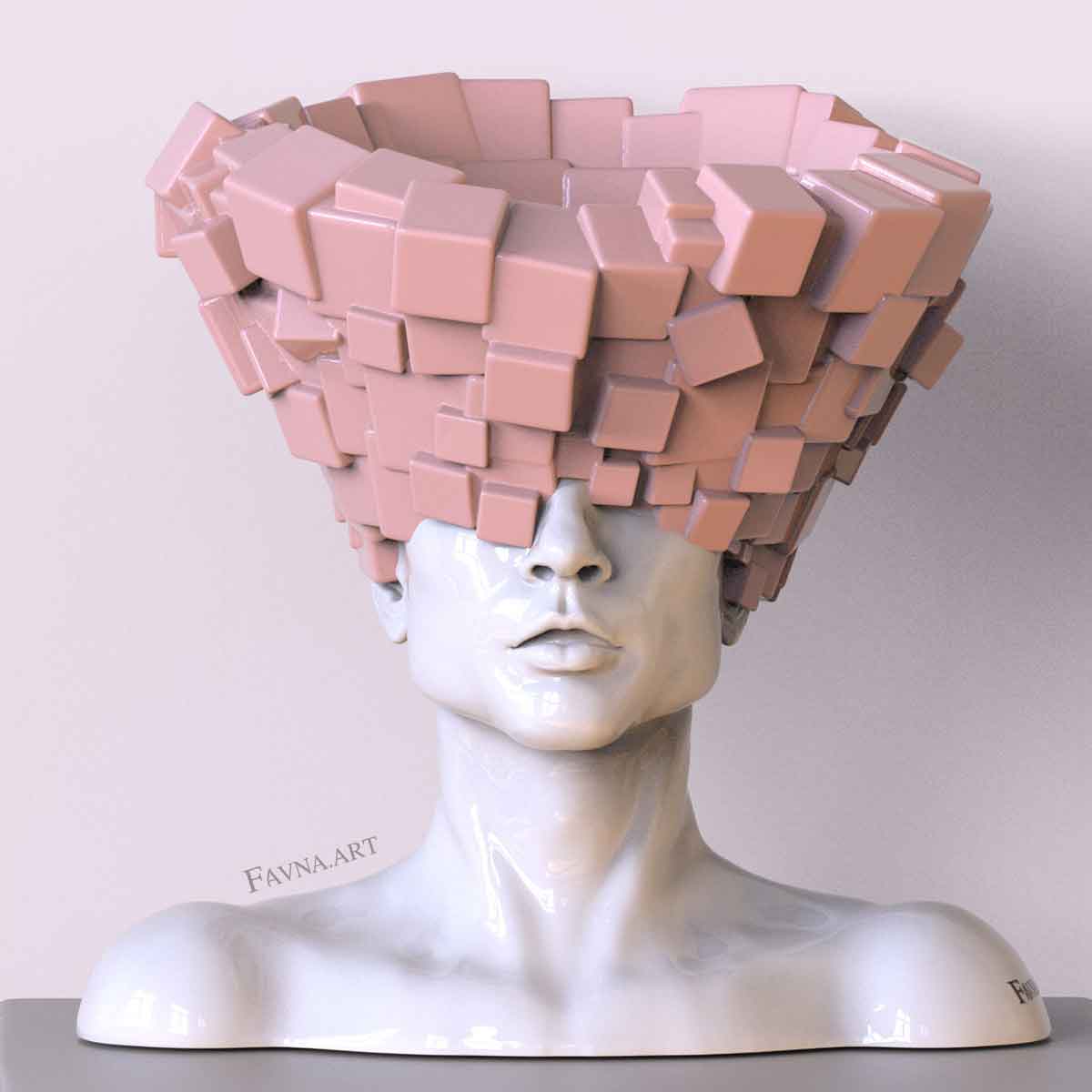 Scultura contemporanea figurativa di design per interni moderni, statua maschile con cubi e forme astratte. Scultura artistica moderna in bianco e rosa chiaro.