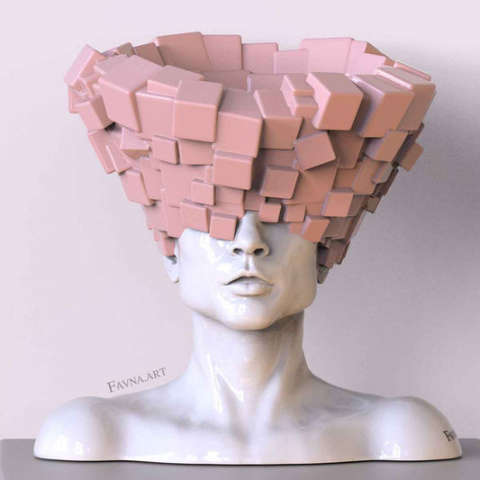 Scultura contemporanea figurativa di design per interni moderni, statua maschile con cubi e forme astratte. Scultura artistica moderna in bianco e rosa chiaro.