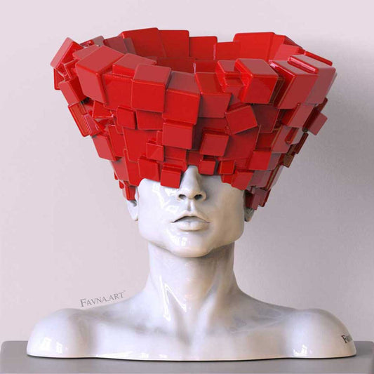 Scultura contemporanea figurativa di design per interni moderni, statua maschile con cubi e forme astratte. Scultura artistica moderna in bianco e rosso.